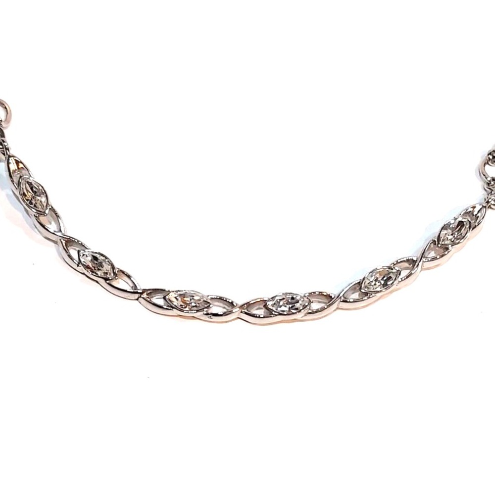 Necklace - Silver Tone Cat Eye Shape Rhinestones Bib 19"
